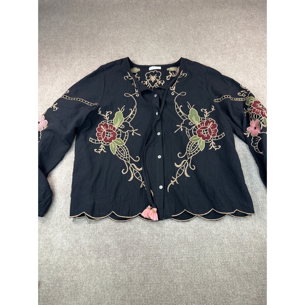 Floral Embroidered Eyelet Scalloped Blouse Black XL Tassel Tie Boho Top